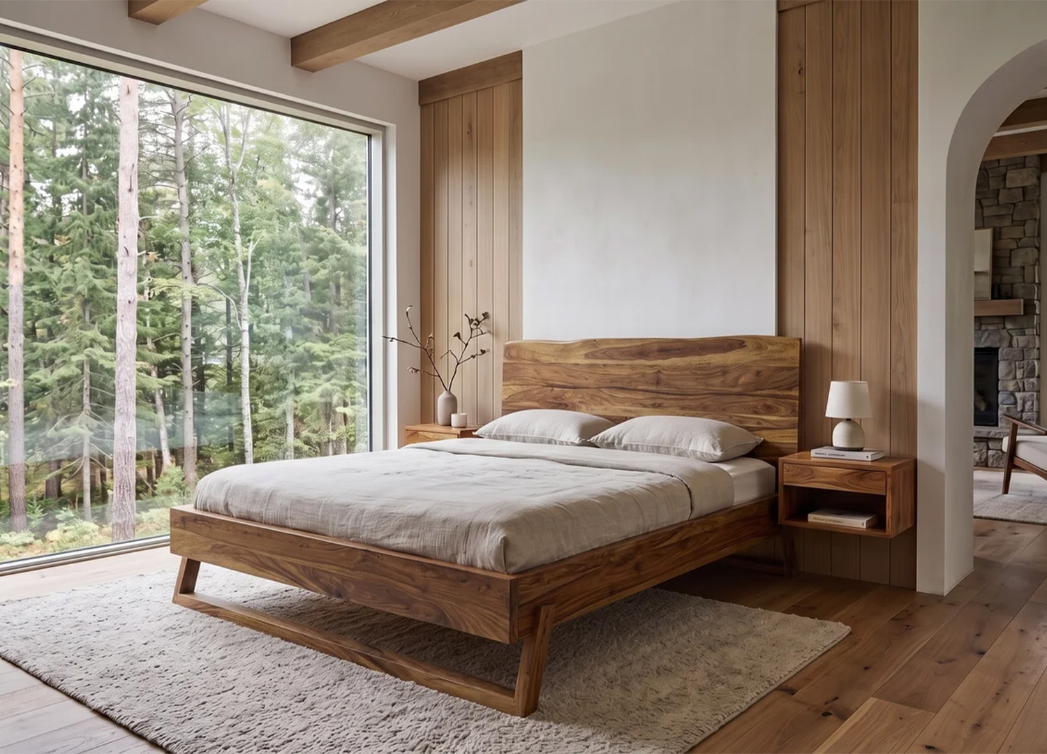 Lit TAVORA en sheesham brun installé dans une chambre lumineuse avec grandes baies vitrées et tables de chevet en bois