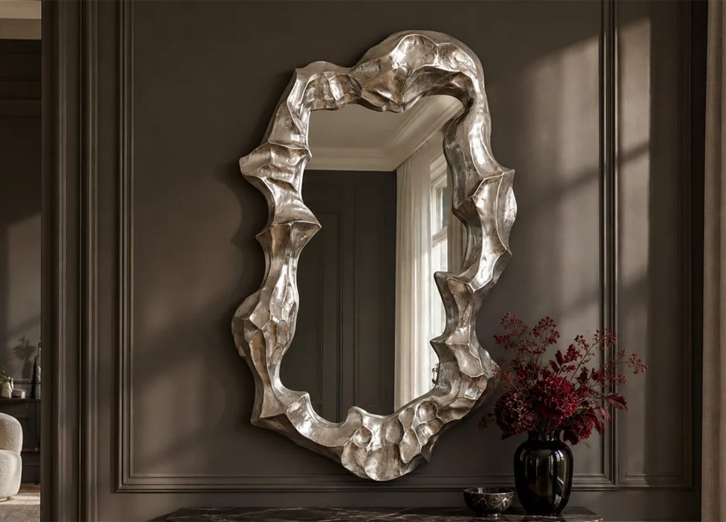 Vue de face d’un miroir mural argenté asymétrique à cadre épais sculpté