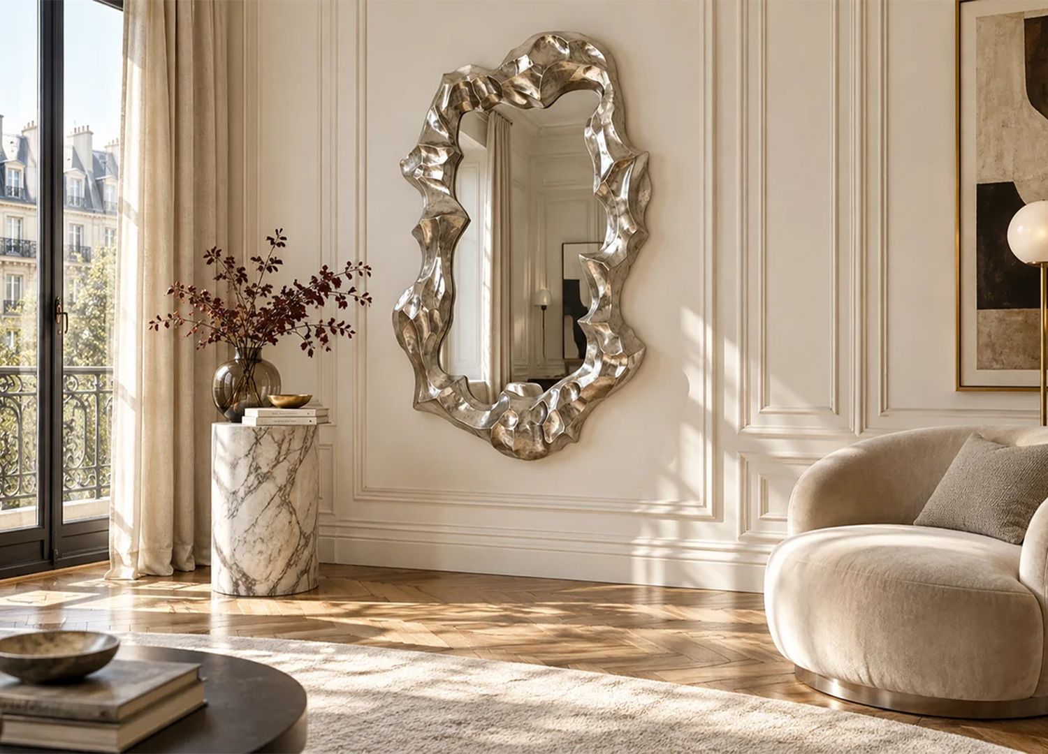 Grand miroir argenté de forme irrégulière dans un salon lumineux aux murs moulurés