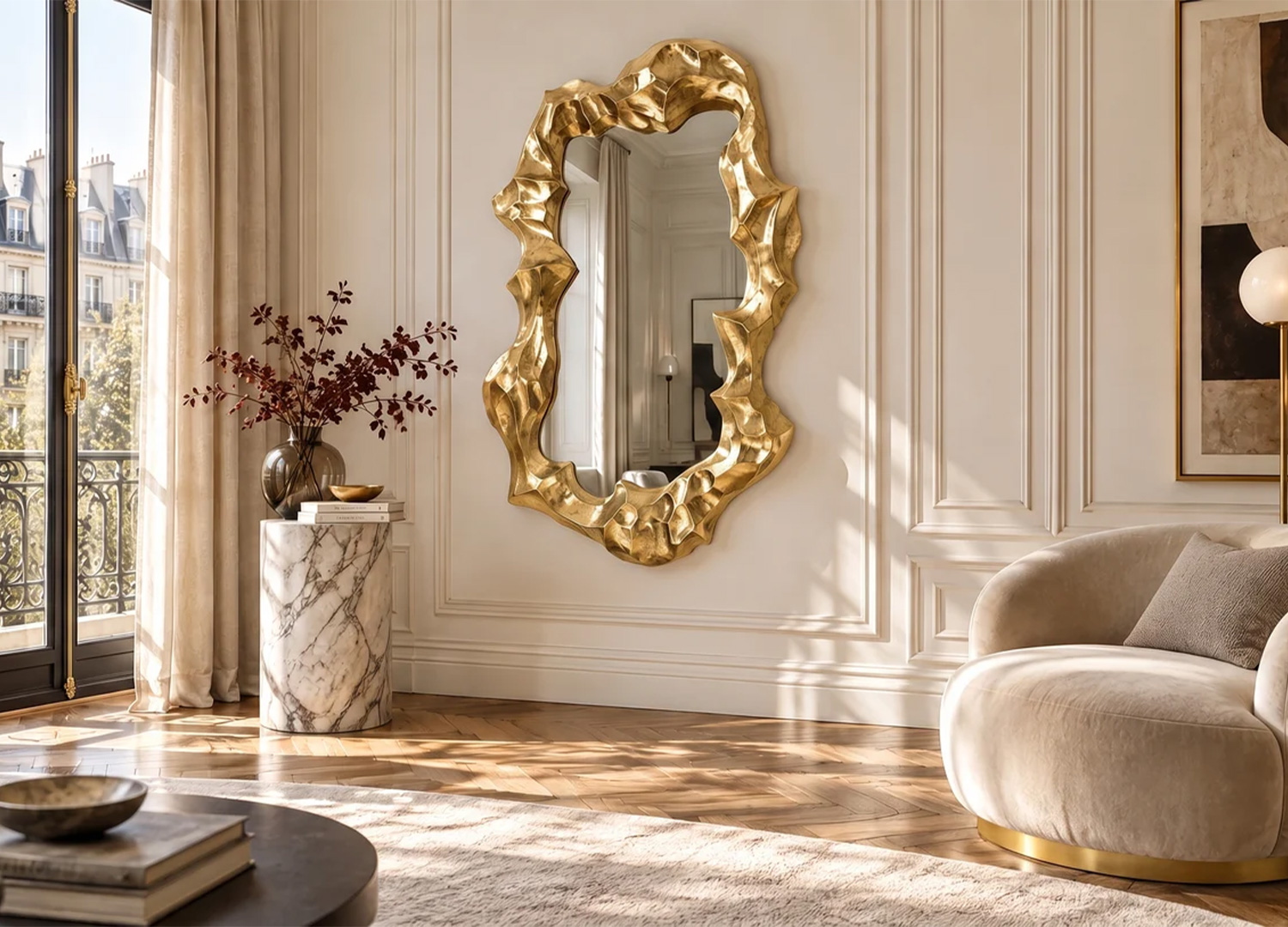 Vue d’ensemble du grand miroir asymétrique doré avec cadre épais aux reliefs sculpturaux