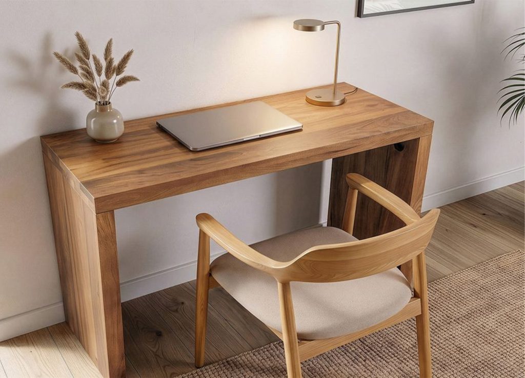 Console en manguier massif utilisée comme petit bureau de télétravail avec ordinateur portable et lampe