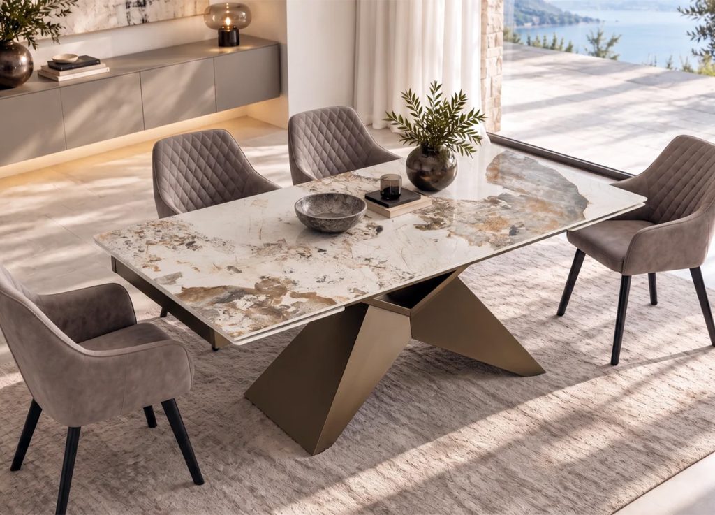 Table à manger extensible ASTRA en céramique Pandora installée dans une salle à manger contemporaine