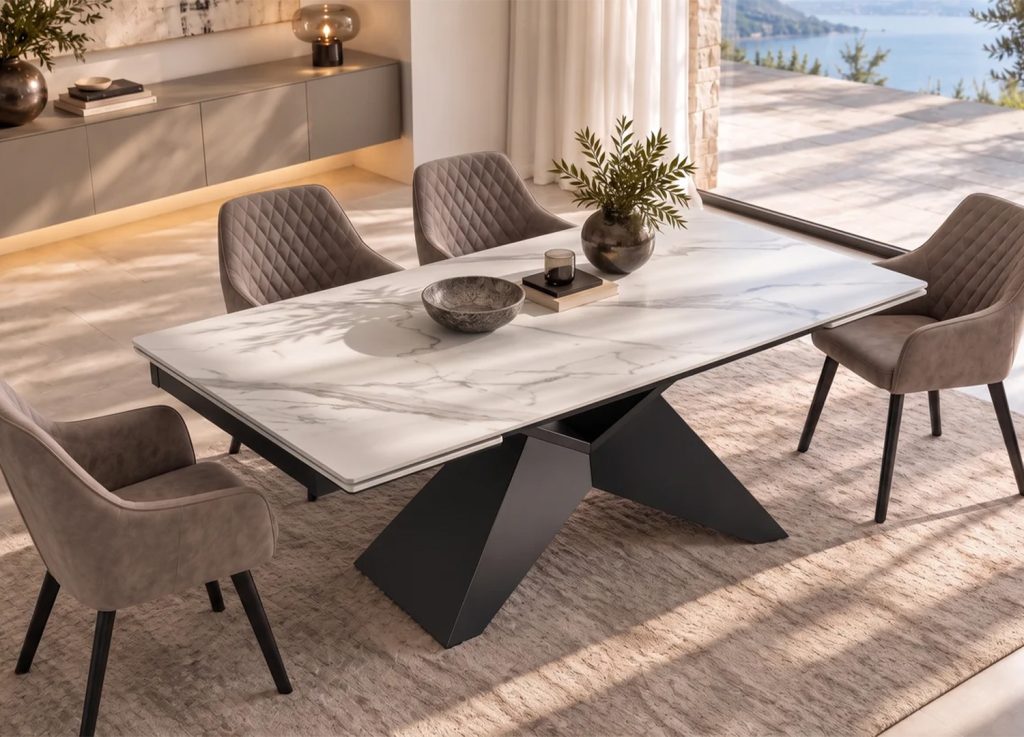 Table extensible ASTRA en céramique blanche veinée et piètement noir dans une salle à manger contemporaine