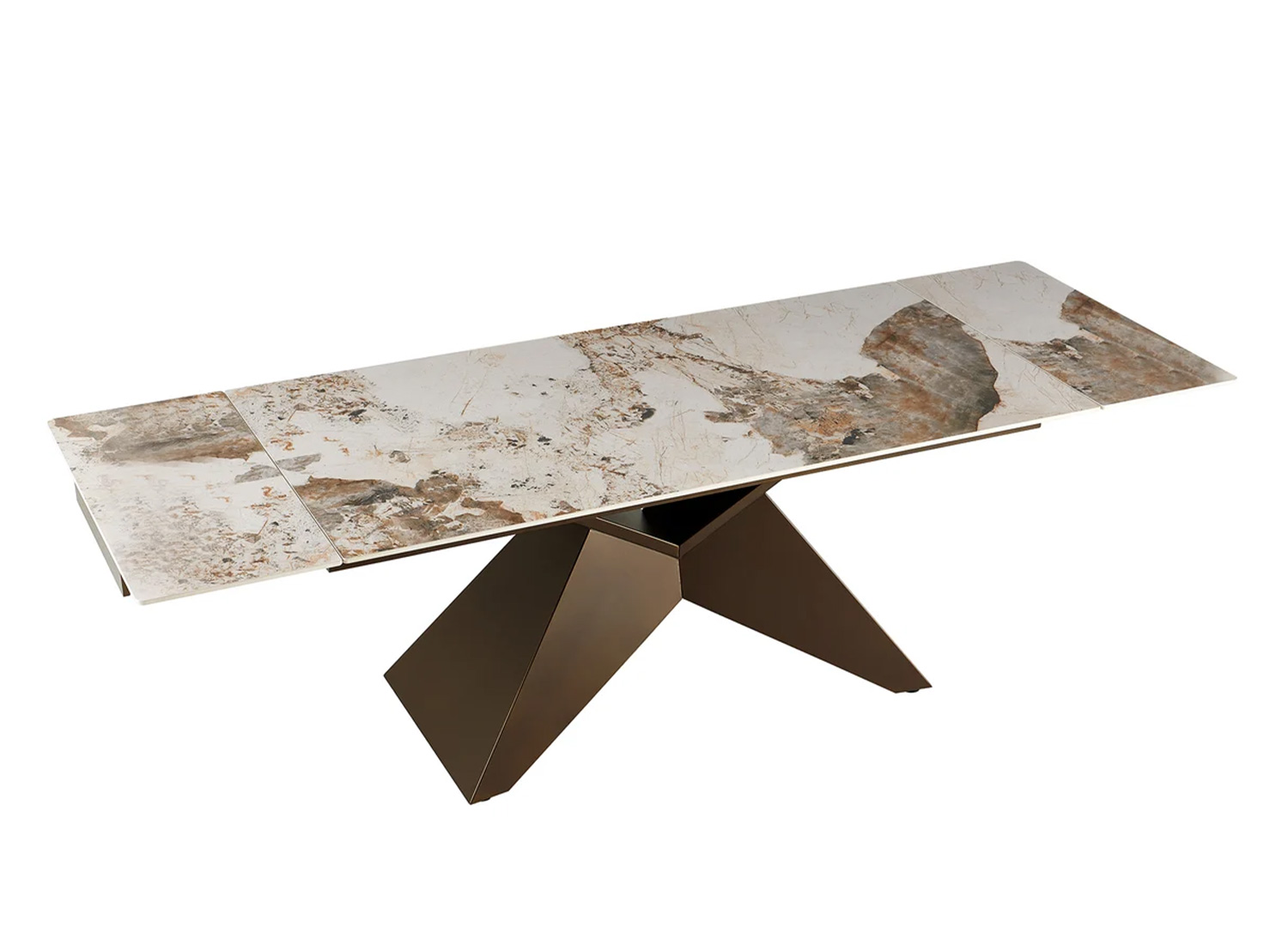 Table à manger extensible ASTRA avec plateau en céramique Pandora et piètement géométrique bronze, sur fond blanc