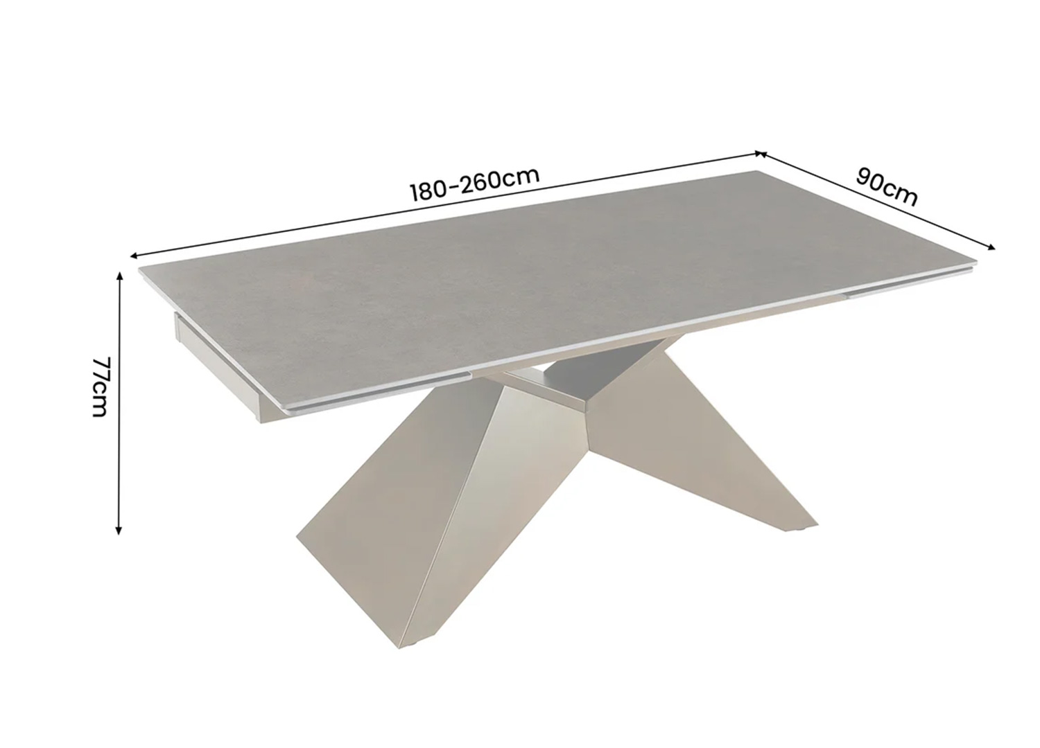 Dimensions de la table ASTRA : longueur 180 à 260 cm, largeur 90 cm et hauteur 77 cm