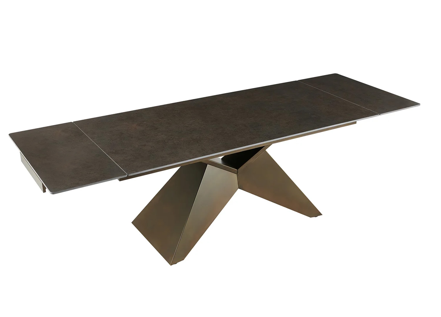 Table à manger ASTRA extensible jusqu'à 260 cm avec plateau en céramique effet rouille et pied géométrique bronze