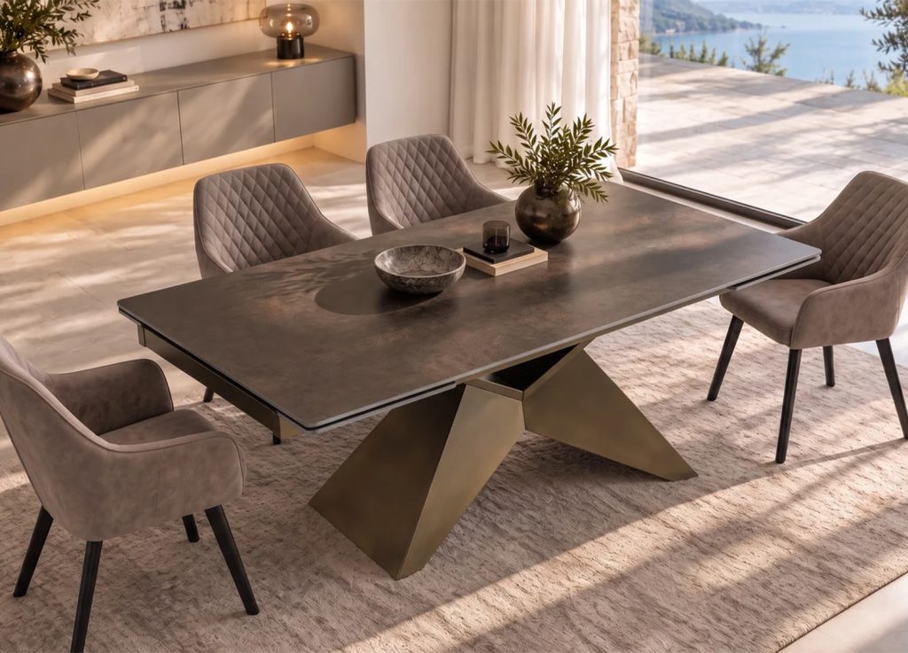 Table extensible ASTRA en céramique gris brun effet rouille avec piètement bronze dans une salle à manger moderne