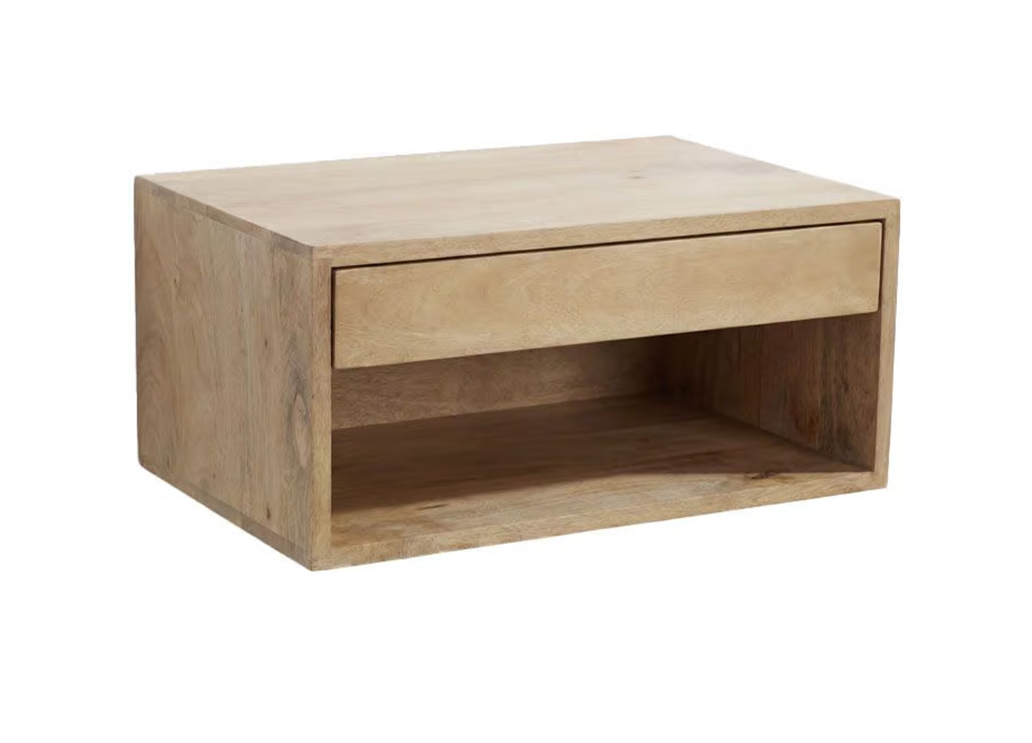 Table de chevet suspendue en bois clair avec un tiroir et une niche de rangement, sur fond blanc