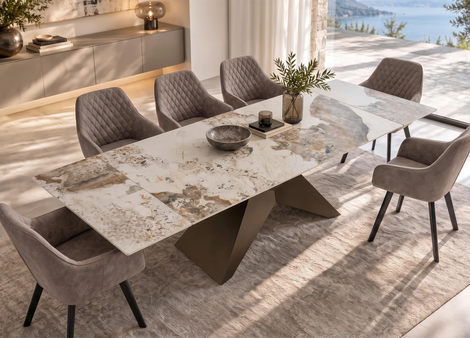 Table extensible ASTRA avec plateau blanc et brun effet pierre, entourée de chaises capitonnées taupe
