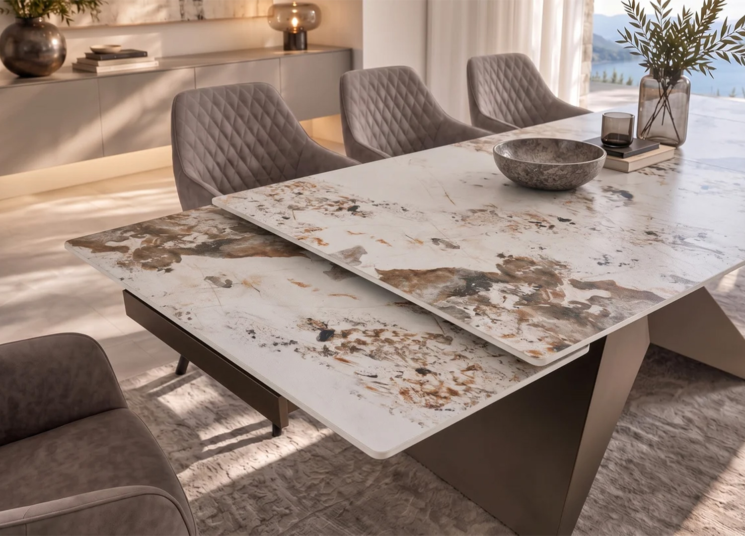 Détail de la rallonge coulissante de la table extensible ASTRA avec plateau en céramique blanche et brune