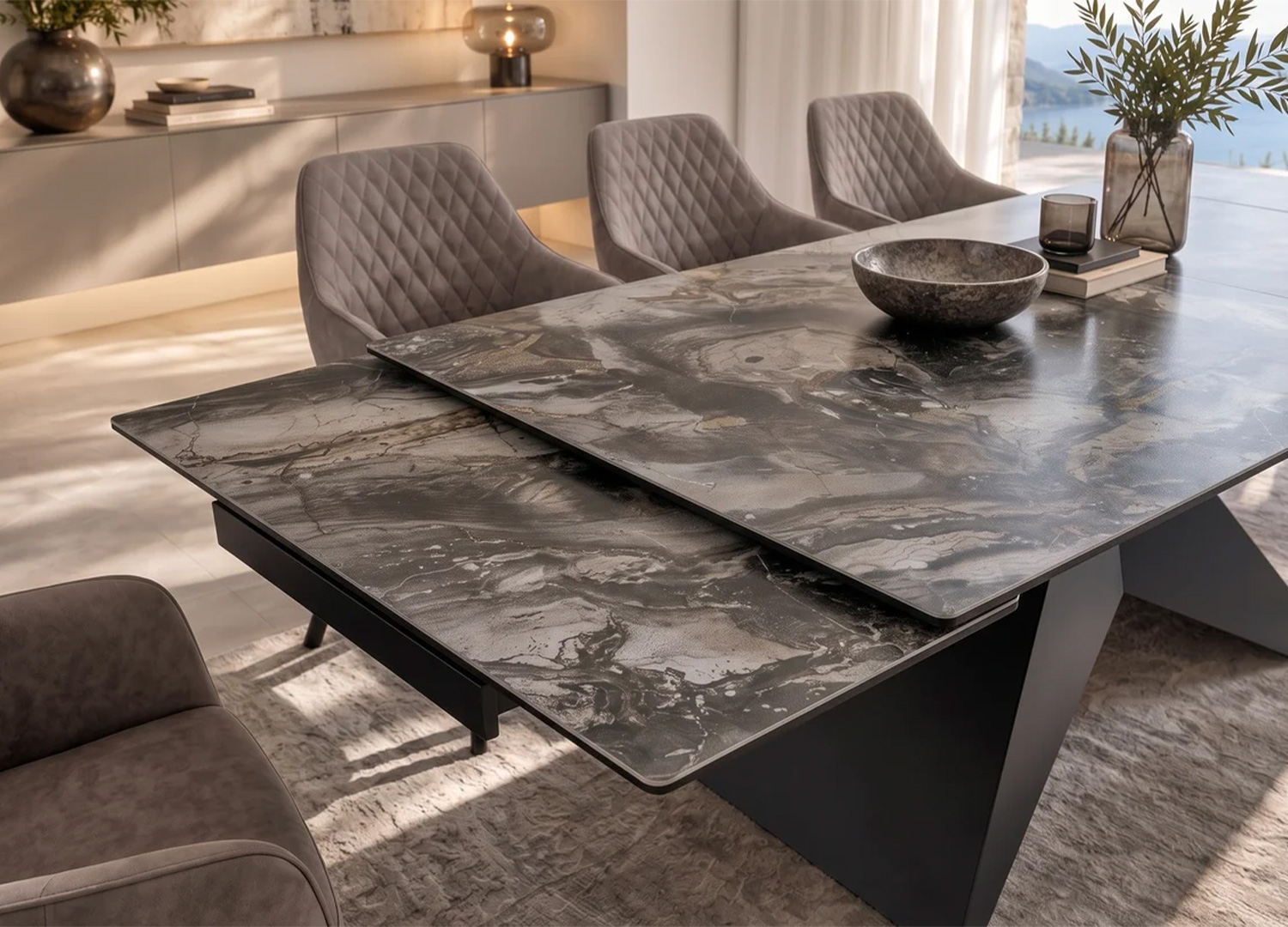 Table à manger extensible en céramique gris marbré, détail des deux plateaux et du système de rallonge