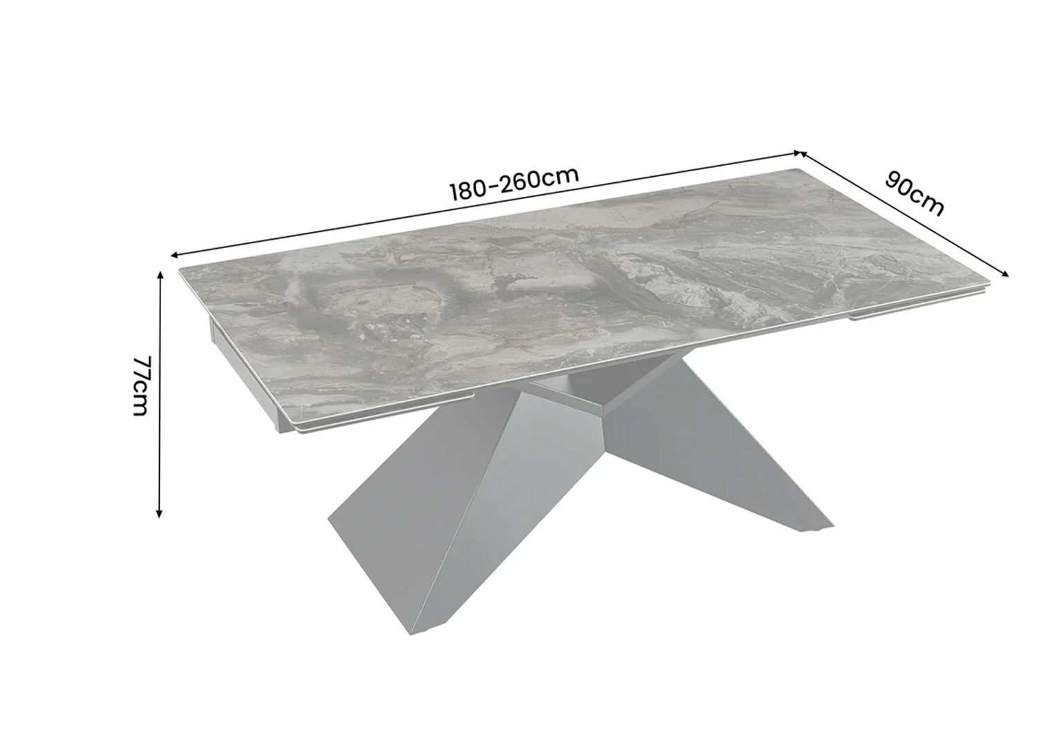 Schéma des dimensions de la table en céramique grise extensible de 180 à 260 cm, largeur 90 cm et hauteur 77 cm