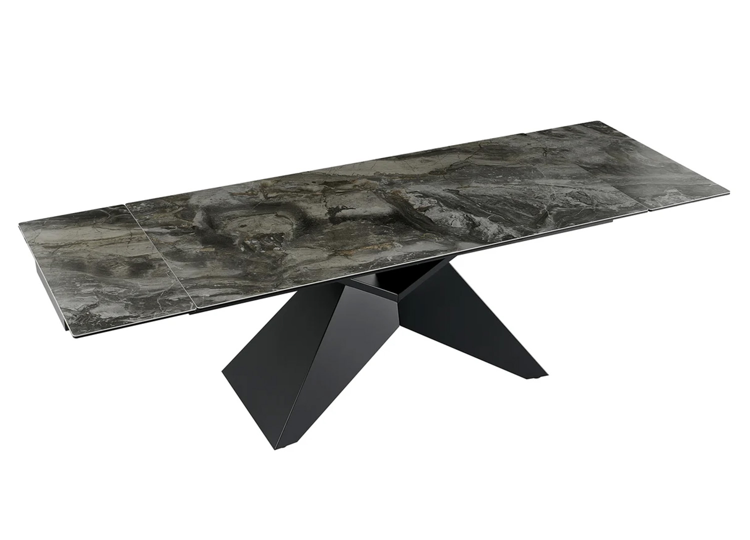 Table rectangulaire extensible en céramique grise effet marbre avec rallonges latérales et pied central noir sur fond blanc