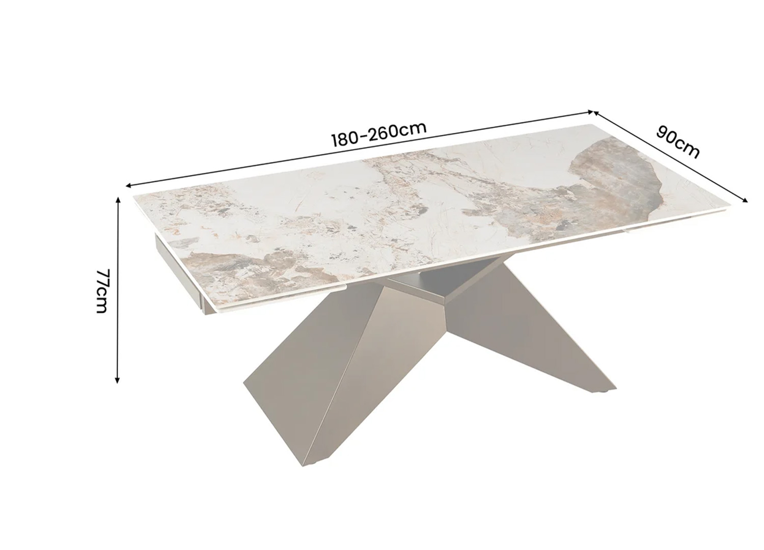 Dimensions de la table extensible ASTRA : longueur 180 à 260 cm, largeur 90 cm et hauteur 77 cm