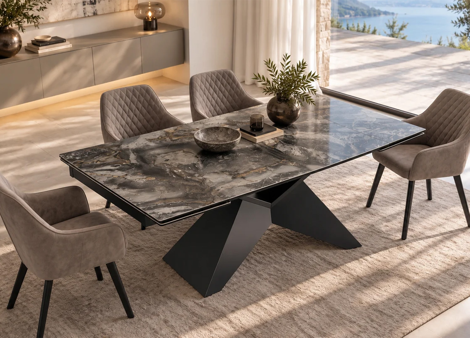 Table de repas extensible en céramique gris effet marbre, rallonges ouvertes dans un intérieur contemporain